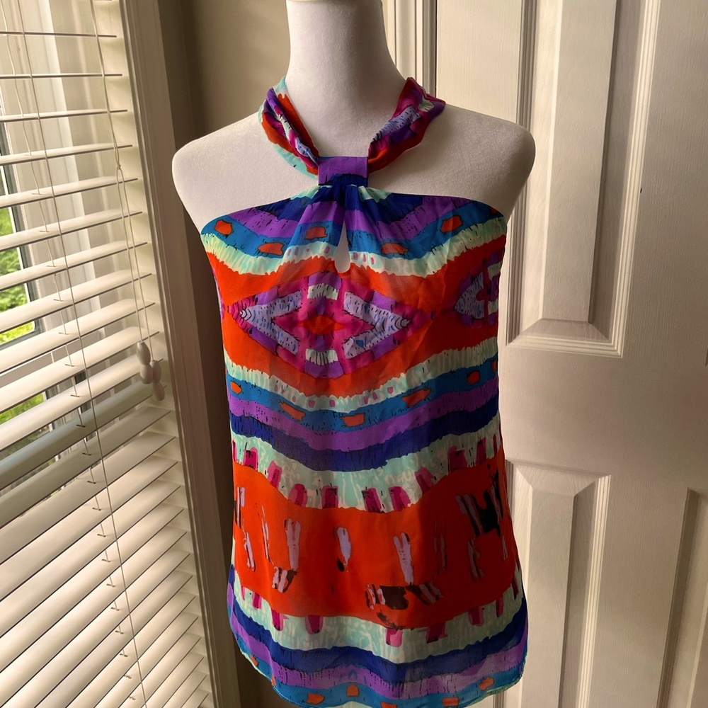 Joy Joy Lined Vibrant Sleeveless Blouse. Bright orange, purple, blue.